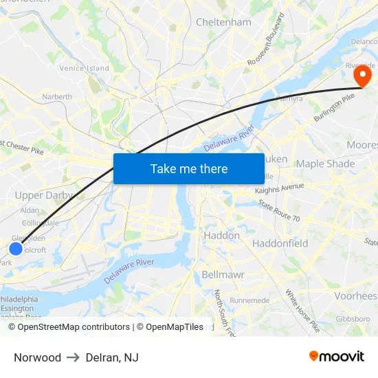 Norwood to Delran, NJ map
