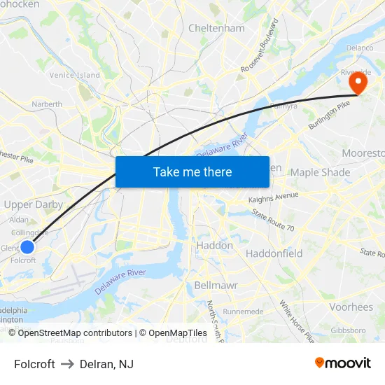 Folcroft to Delran, NJ map