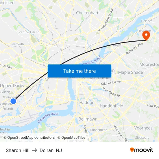 Sharon Hill to Delran, NJ map