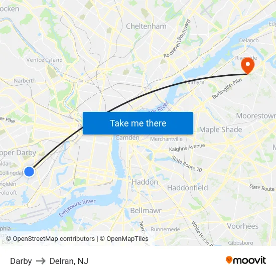 Darby to Delran, NJ map