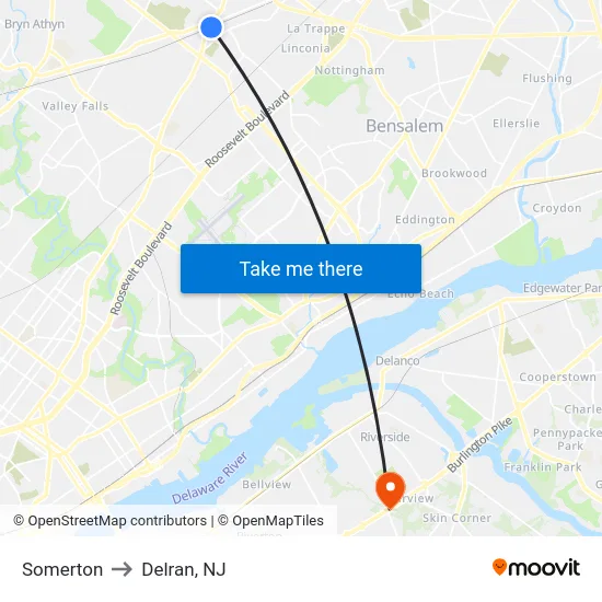 Somerton to Delran, NJ map