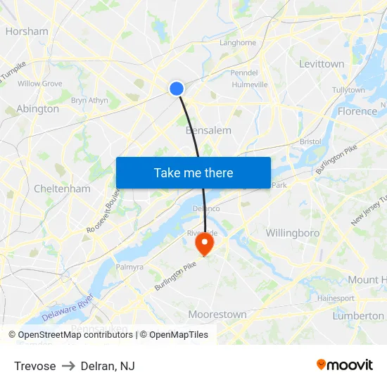 Trevose to Delran, NJ map
