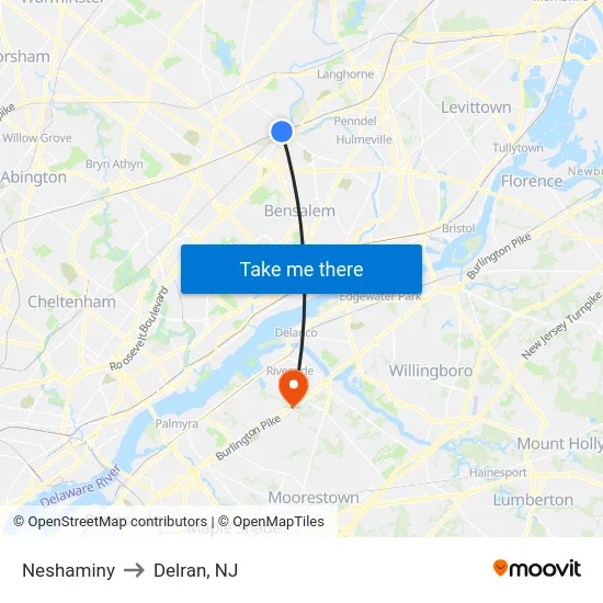 Neshaminy to Delran, NJ map