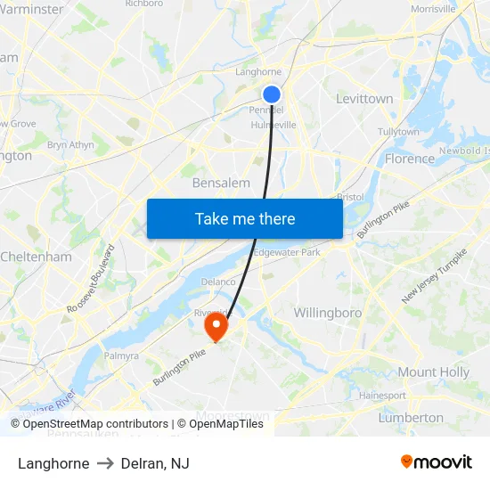 Langhorne to Delran, NJ map