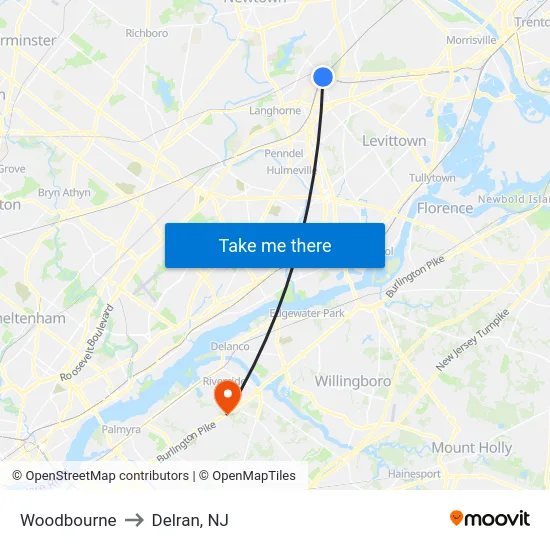 Woodbourne to Delran, NJ map