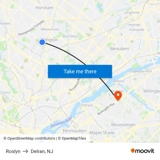 Roslyn to Delran, NJ map