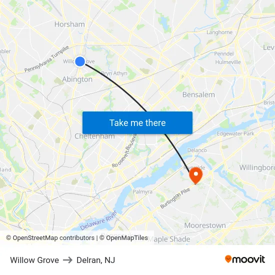 Willow Grove to Delran, NJ map