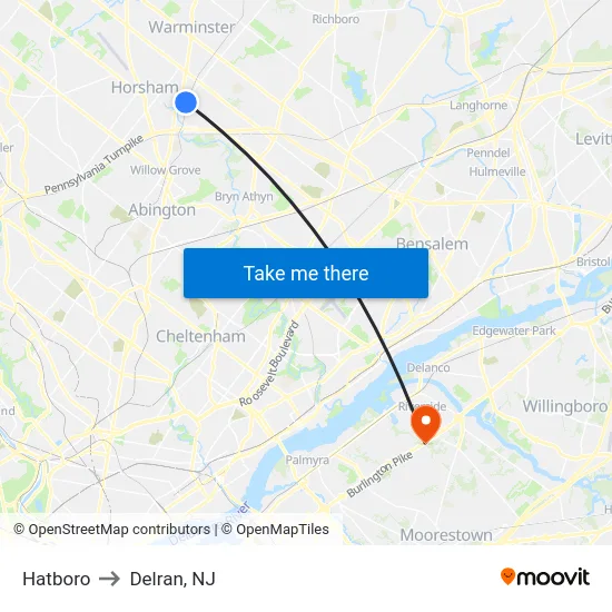 Hatboro to Delran, NJ map