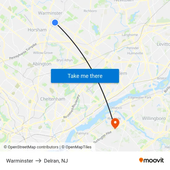 Warminster to Delran, NJ map