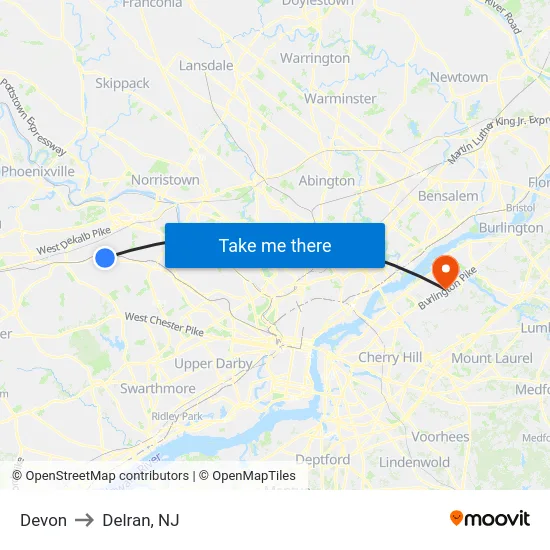 Devon to Delran, NJ map