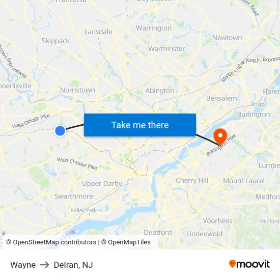 Wayne to Delran, NJ map