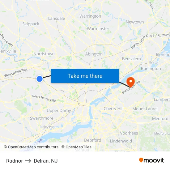 Radnor to Delran, NJ map
