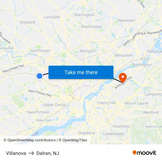 Villanova to Delran, NJ map
