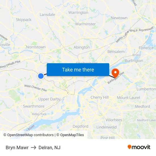Bryn Mawr to Delran, NJ map