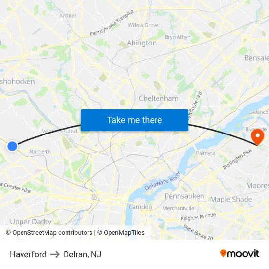Haverford to Delran, NJ map