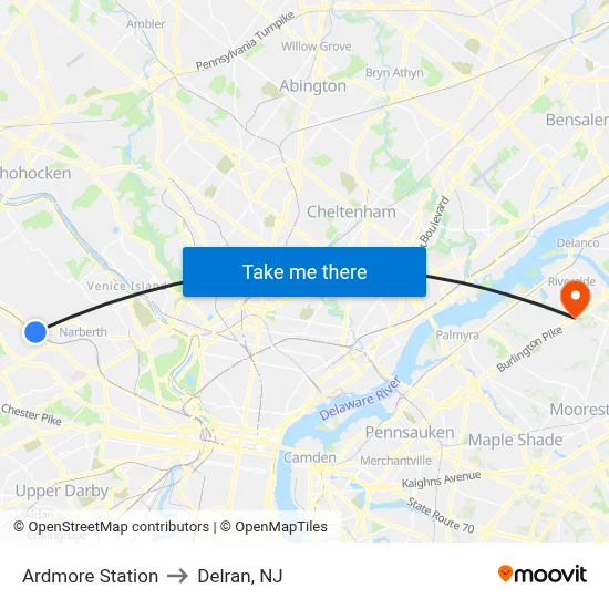 Ardmore Station to Delran, NJ map