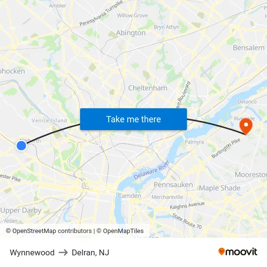 Wynnewood to Delran, NJ map