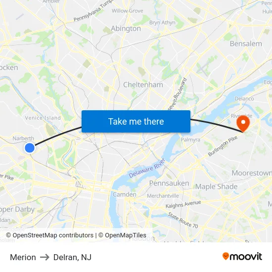 Merion to Delran, NJ map