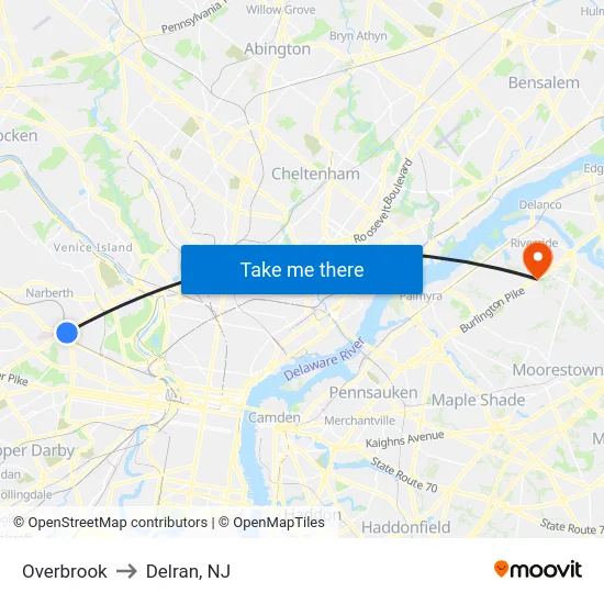 Overbrook to Delran, NJ map