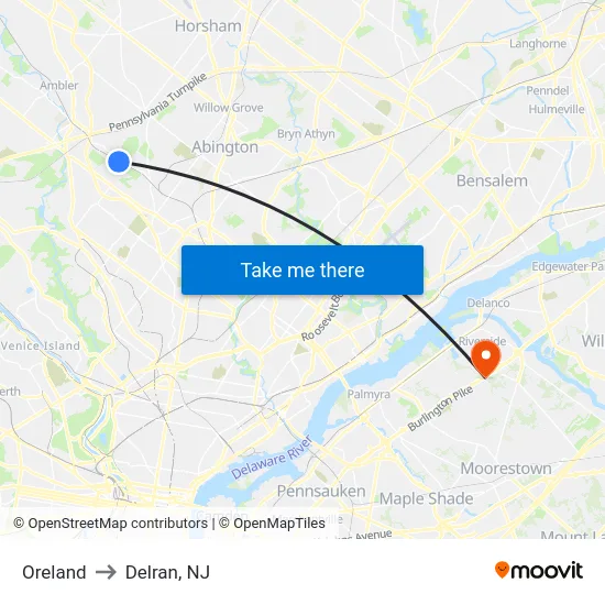 Oreland to Delran, NJ map