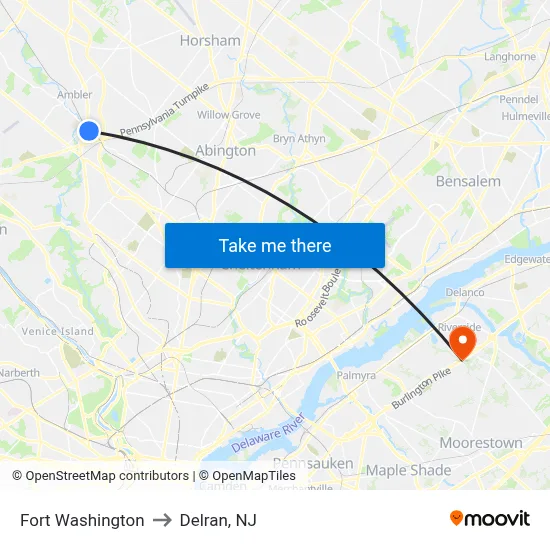 Fort Washington to Delran, NJ map