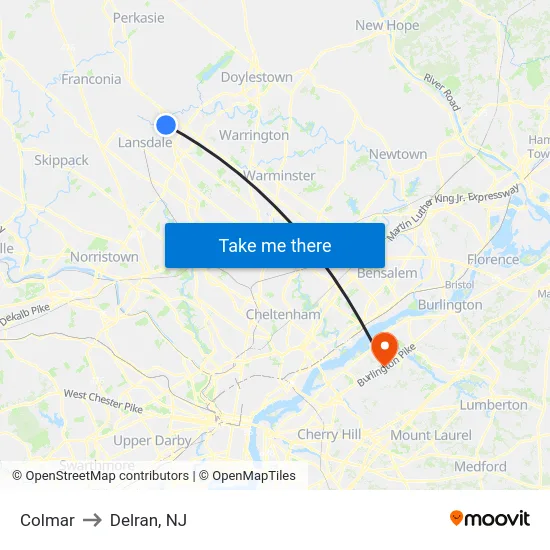 Colmar to Delran, NJ map