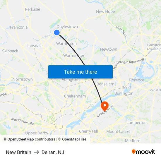 New Britain to Delran, NJ map