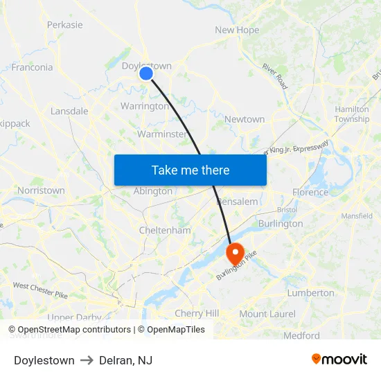 Doylestown to Delran, NJ map