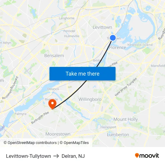 Levittown-Tullytown to Delran, NJ map