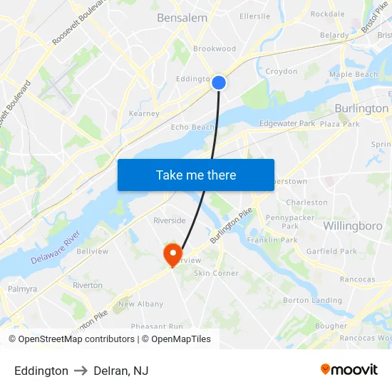 Eddington to Delran, NJ map