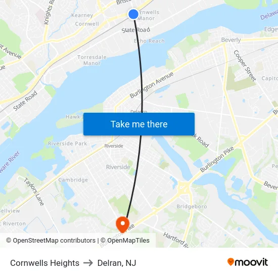 Cornwells Heights to Delran, NJ map