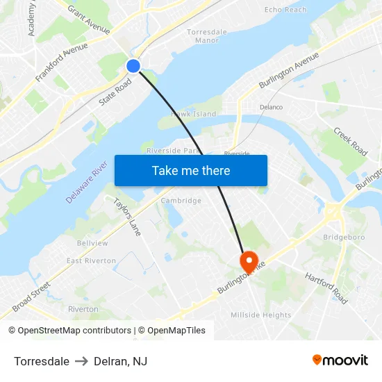 Torresdale to Delran, NJ map