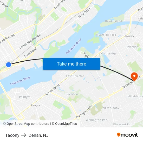 Tacony to Delran, NJ map