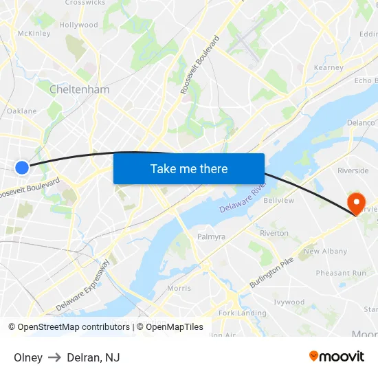 Olney to Delran, NJ map