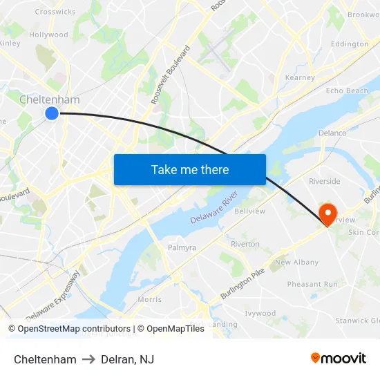Cheltenham to Delran, NJ map