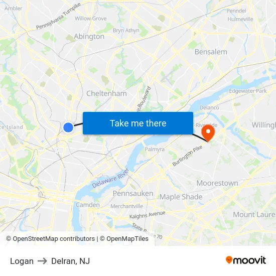 Logan to Delran, NJ map