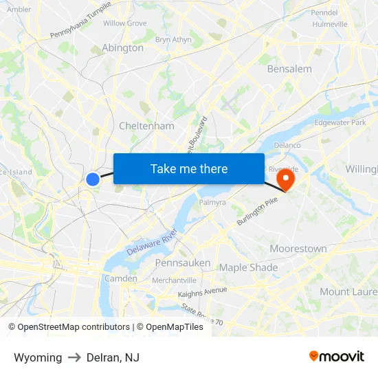 Wyoming to Delran, NJ map