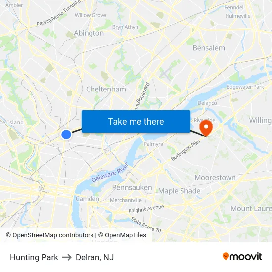Hunting Park to Delran, NJ map