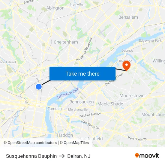 Susquehanna Dauphin to Delran, NJ map