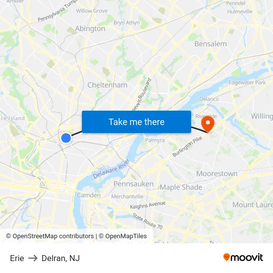 Erie to Delran, NJ map
