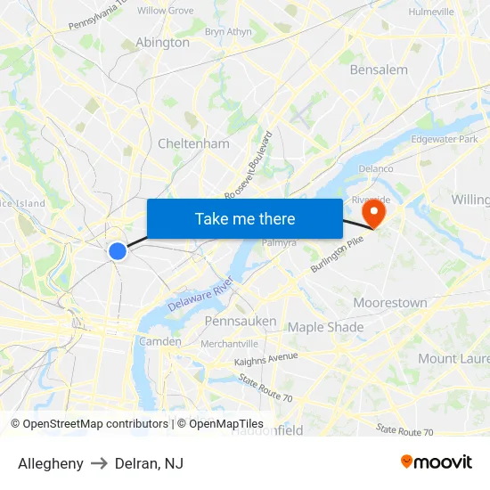 Allegheny to Delran, NJ map