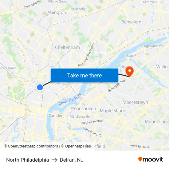 North Philadelphia to Delran, NJ map
