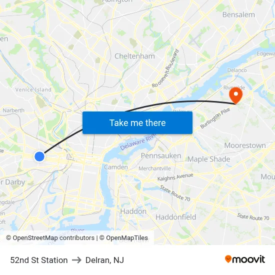 52nd St Station to Delran, NJ map