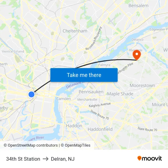 34th St Station to Delran, NJ map