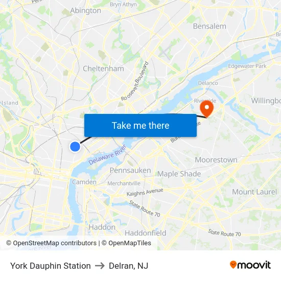 York Dauphin Station to Delran, NJ map