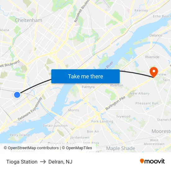 Tioga Station to Delran, NJ map