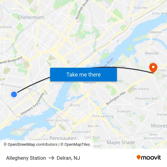 Allegheny Station to Delran, NJ map