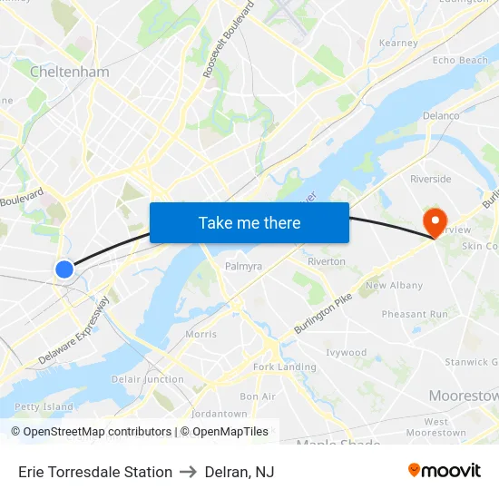 Erie Torresdale Station to Delran, NJ map