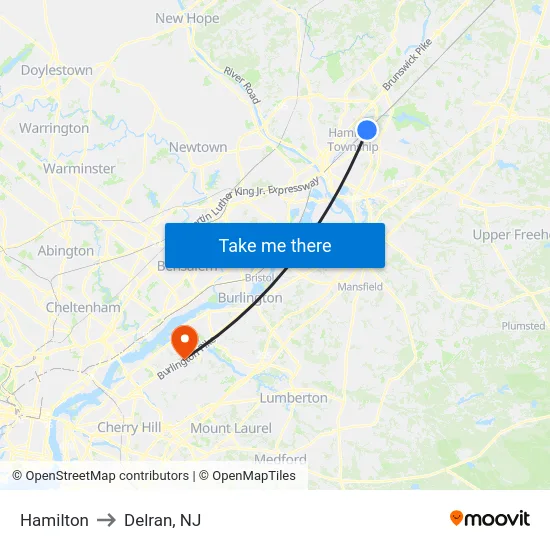 Hamilton to Delran, NJ map