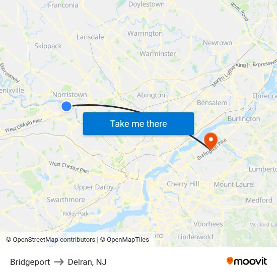 Bridgeport to Delran, NJ map